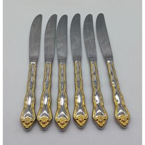 6 Modern Solid Dinner Knifes Rose Cascade Towle Supreme 18/8 Gold Accent Discont